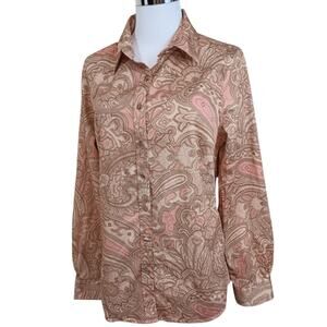 Women's Van Heusen Shirt Top Blouse LG Slim Fit Career Work Pink Neutral Paisley